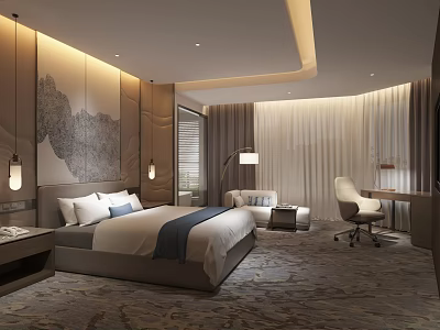 Modern Hotel Room Interior With King Bed Work Desk Sofa And Decorative Wall 3d model