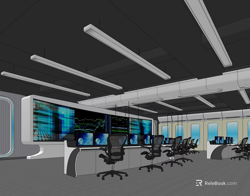 Modern Control Room Interior With Large Screens Multiple Monitors And Ergonomic Chairs 3d model