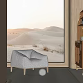 Beige Modern Accent Chair In Cozy Interior With Desert View Through Large Window