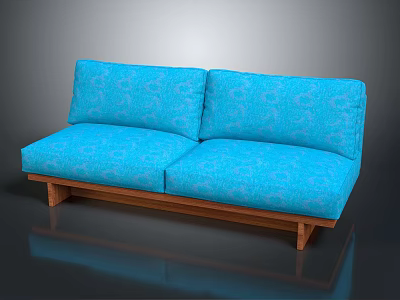Modern Blue Patterned Upholstered Two Seater Sofa with Cushions and Wooden Legs 3d model
