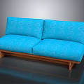 Modern Blue Patterned Upholstered Two Seater Sofa with Cushions and Wooden Legs