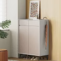 Modern Light Grey Shoe Cabinet With Colorful Photo Frame Umbrella And Green Plant