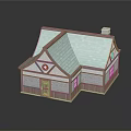 Traditional Ancient Building Model With Teal Roof Timber Frame And White Walls