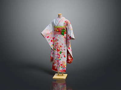Traditional Japanese Kimono With Colorful Floral Pattern And Green Obi On Wooden Mannequin 3d model