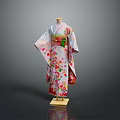 Traditional Japanese Kimono With Colorful Floral Pattern And Green Obi On Wooden Mannequin