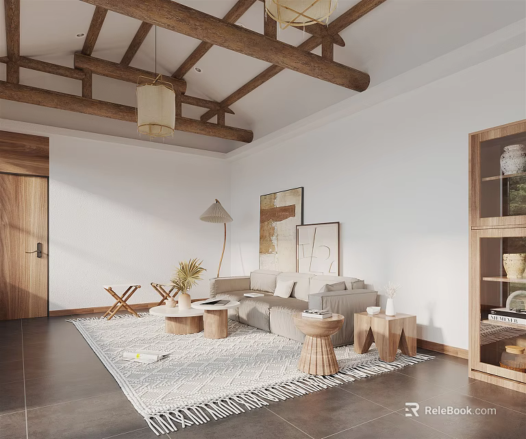 Minimalist Living Room Interior Design With Wooden Beams Sofa Coffee Table And Area Rug 3d model 
