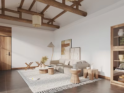 Minimalist Living Room Interior Design With Wooden Beams Sofa Coffee Table And Area Rug 3d model