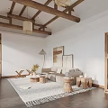 Minimalist Living Room Interior Design With Wooden Beams Sofa Coffee Table And Area Rug