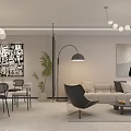 Modern Living Dining Room Interior With Sofa Armchair Dining Table Lighting Fixtures And Plant