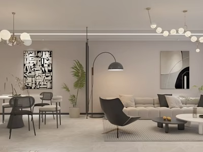 Modern Living Dining Room Interior With Sofa Armchair Dining Table Lighting Fixtures And Plant 3d model