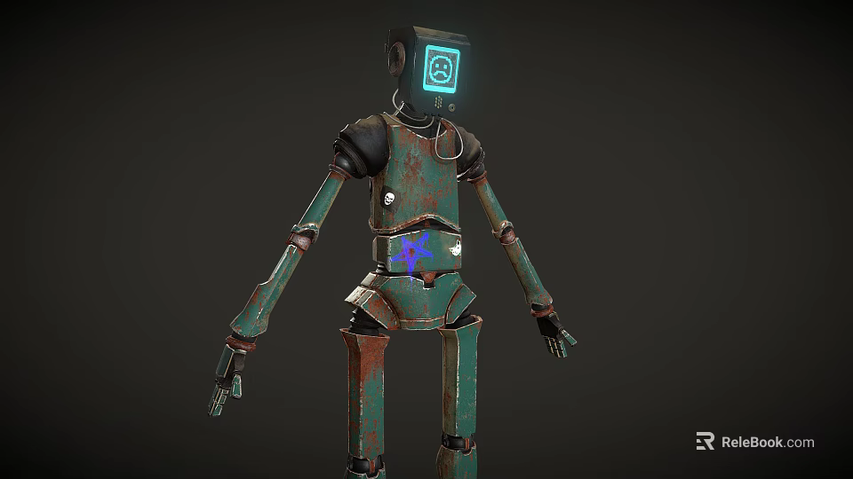 Green Rusted Robot With Blue Head Logo And Blue Star On Mechanical Body 3d model 