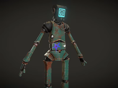 Green Rusted Robot With Blue Head Logo And Blue Star On Mechanical Body 3d model