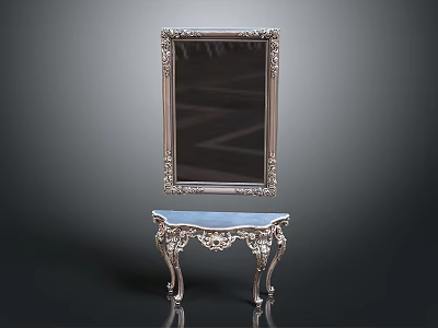 Ornate Silver Console Table With Carved Frame And Decorative Mirror On Top 3d model
