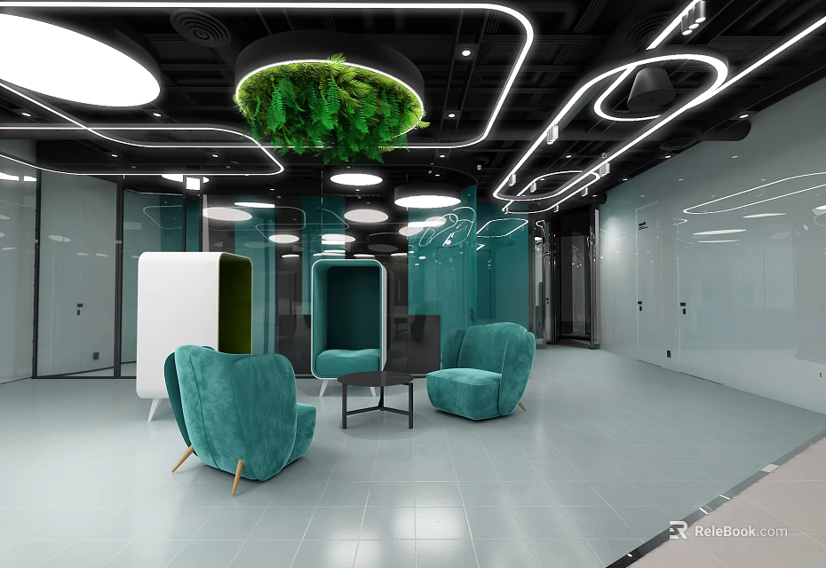 Modern Leisure Area Interior With Teal Armchairs Circular Lights And Green Moss Decoration 3d model 