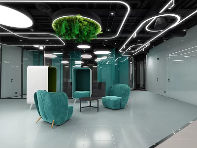 Modern Leisure Area Interior With Teal Armchairs Circular Lights And Green Moss Decoration 3d model