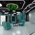 Modern Leisure Area Interior With Teal Armchairs Circular Lights And Green Moss Decoration