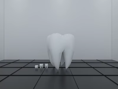 White Tooth Model Display With Smaller Teeth Gray Wall And Black Grid Floor 3d model