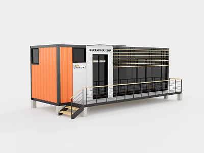 Modern Orange And White Container Building With Black Windows Doors Balcony And Stairs 3d model