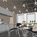 Modern Pantry Interior Design With Wooden Gray Cabinets Coffee Machine Table Chairs Windows And Blinds