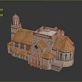 Historic Church Building With Red Tile Roof Tower Spire Light Stone Exterior and Arched Windows