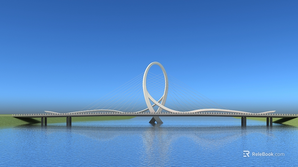 Modern White Arch Bridge Spanning Calm Water Under Blue Sky With Clear Reflection 3d model 