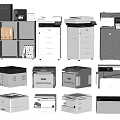 Diverse Business Equipment Including Printers Copiers Filing Cabinets and Multifunctional Devices for Office Use