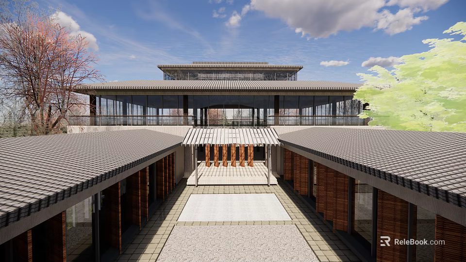 Sales Office Building With Traditional Tile Roof Central Courtyard And Glass Curtain Walls 3d model 