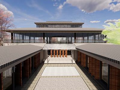 Sales Office Building With Traditional Tile Roof Central Courtyard And Glass Curtain Walls 3d model