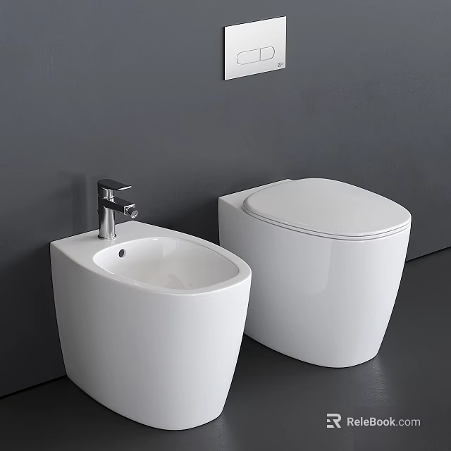 Modern Minimalist Gray Bathroom Interior with Ceramic Toilet and Bidet 3d model 