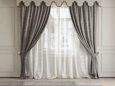 Gray Polka Dot Curtains With Sheer Panels And Decorative Tiebacks For White Walls 3d model
