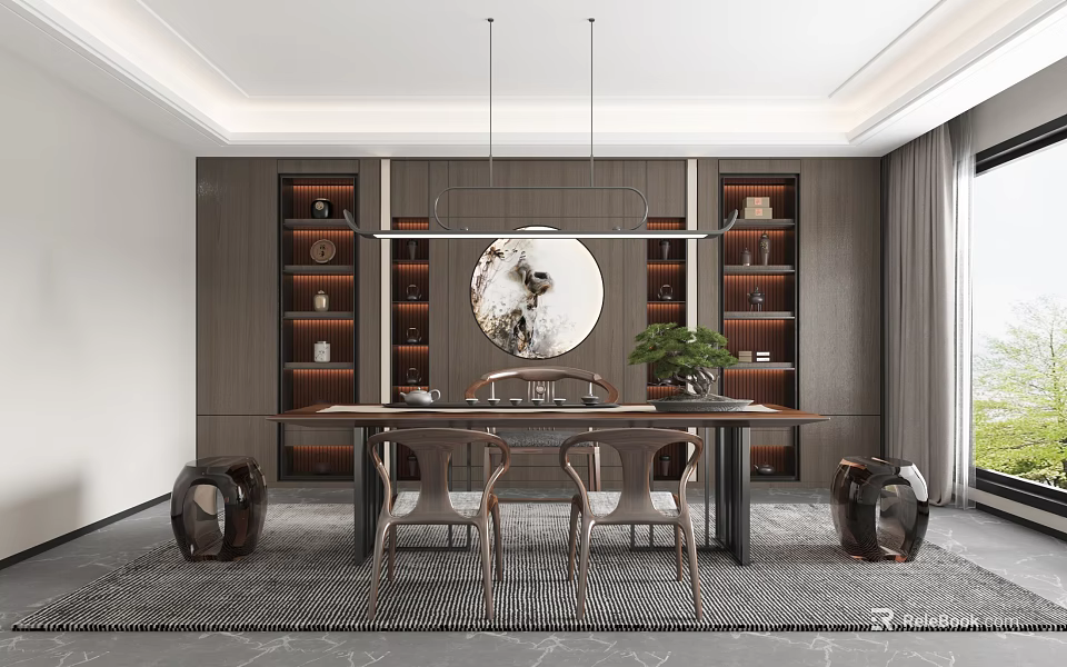 Elegant Tea Room Interior With Long Wooden Table Chairs Circular Decor And Green Plant 3d model 