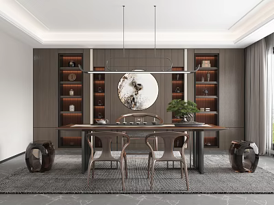 Elegant Tea Room Interior With Long Wooden Table Chairs Circular Decor And Green Plant 3d model