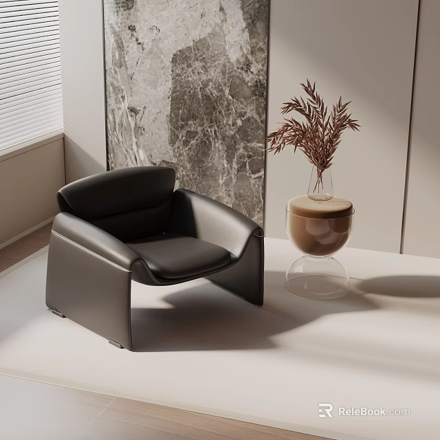 Modern Black Leather Leisure Chair in Bright Room with Marble Background and Vase Plant 3d model 