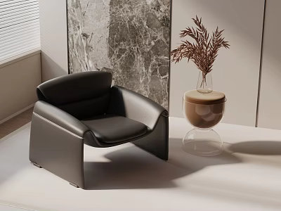 Modern Black Leather Leisure Chair in Bright Room with Marble Background and Vase Plant 3d model