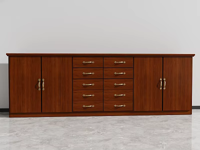 Dark Brown Wooden Tea Cabinet With Golden Handles Drawers And Cabinet Doors 3d model