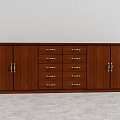 Dark Brown Wooden Tea Cabinet With Golden Handles Drawers And Cabinet Doors