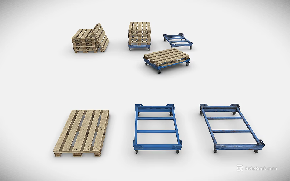 Industrial Equipment Wooden And Blue Metal Pallets Stacked And Single 3d model 