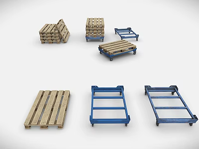 Industrial Equipment Wooden And Blue Metal Pallets Stacked And Single 3d model