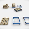 Industrial Equipment Wooden And Blue Metal Pallets Stacked And Single