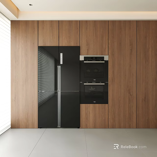 Modern Kitchen With Wooden Cabinets Featuring Black Refrigerator And Oven Appliances 3d model 
