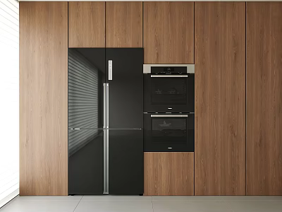 Modern Kitchen With Wooden Cabinets Featuring Black Refrigerator And Oven Appliances 3d model
