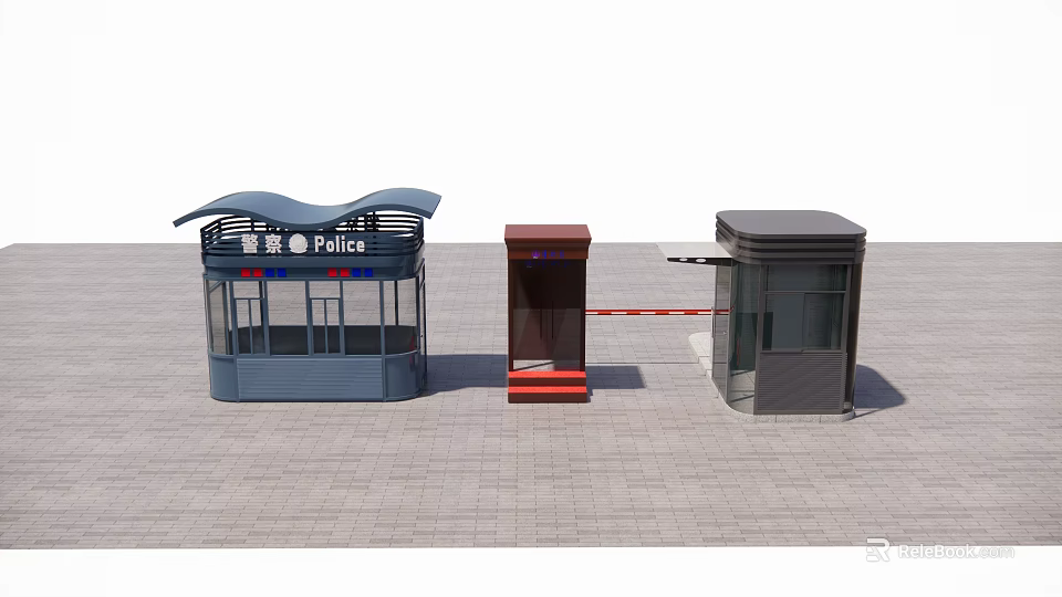 Police Kiosk And Security Booths With Different Designs On Outdoor Brick Pavement 3d model 