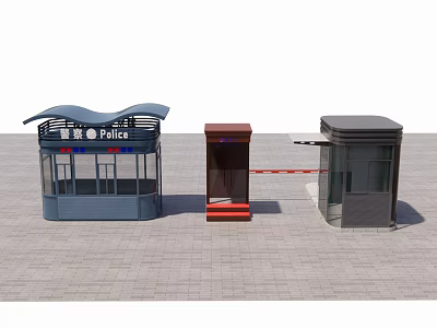 Police Kiosk And Security Booths With Different Designs On Outdoor Brick Pavement 3d model
