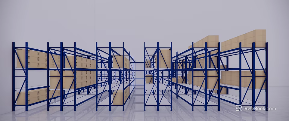 Blue Industrial Storage Racks in Warehouse Storage Area With Cardboard Boxes 3d model 