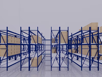 Blue Industrial Storage Racks in Warehouse Storage Area With Cardboard Boxes 3d model