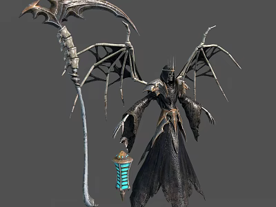 Dark Fantasy Game Character with Demonic Wings and Glowing Lantern Staff in Mystical Robe 3d model