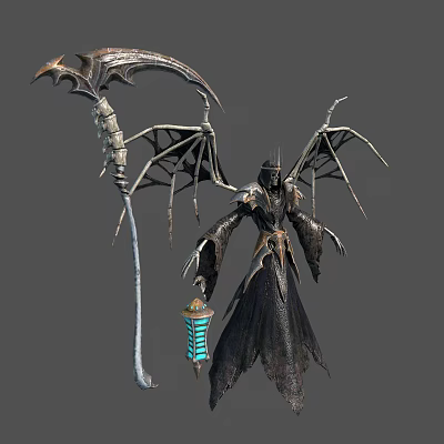 Dark Fantasy Game Character with Demonic Wings and Glowing Lantern Staff in Mystical Robe 3d model