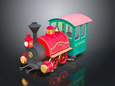 Vintage Toy Train With Red Locomotive Black Chimney Gold Bell Wheels And Green Carriage 3d model