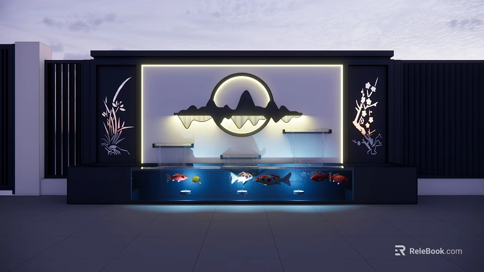Chinese Style Illuminated Screen With Mountain Pattern Round Decor And Fish Tank Base 3d model