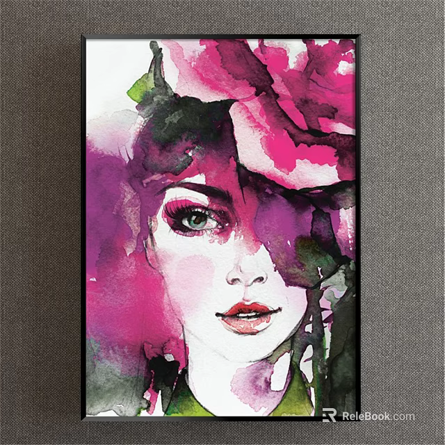 Watercolor Woman Portrait with Floral Headpiece in Pink Purple Hues and Black Frame 3d model 